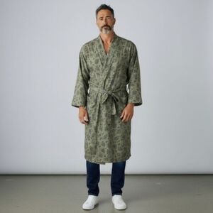Vintage Mens L Paisley Belted House Robe Smoking Jacket Olive Green Old Money